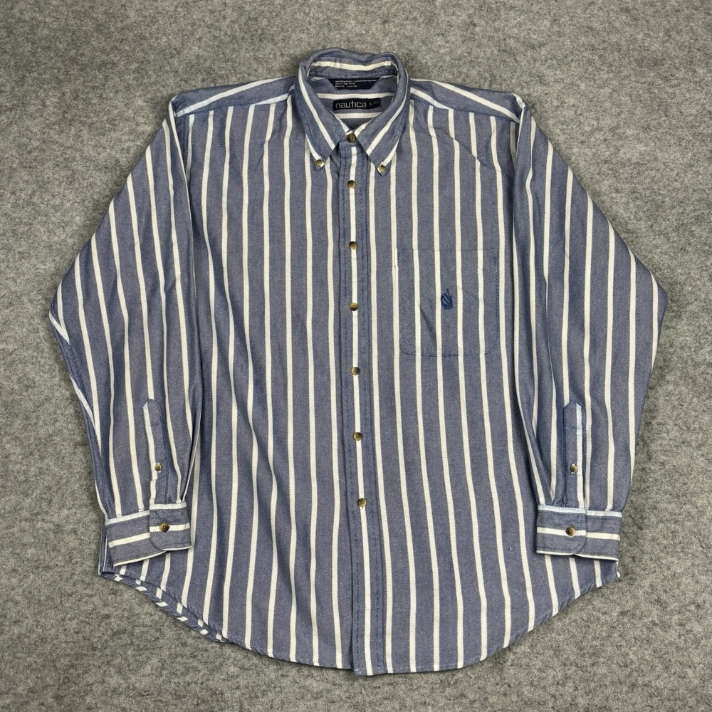 Vintage‎ Nautica Button Down Shirt Mens XL Blue White Stripes